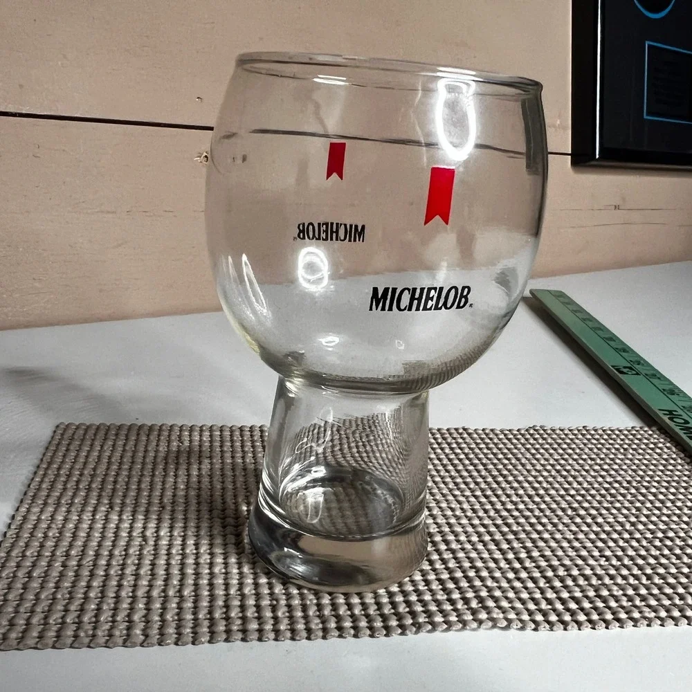 Vintage Michelob Beer Glass Stemmed Tulip Goblet Red Ribbon Logo 6 Inch
